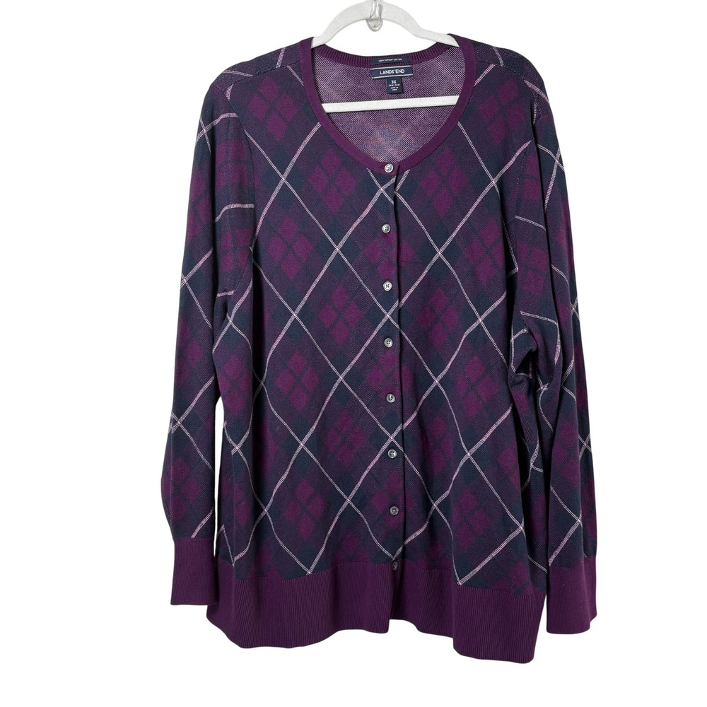 Lands End Cardigan Sweater Womens 3X Purple Argyle Plaid Supima Cotton Button Up